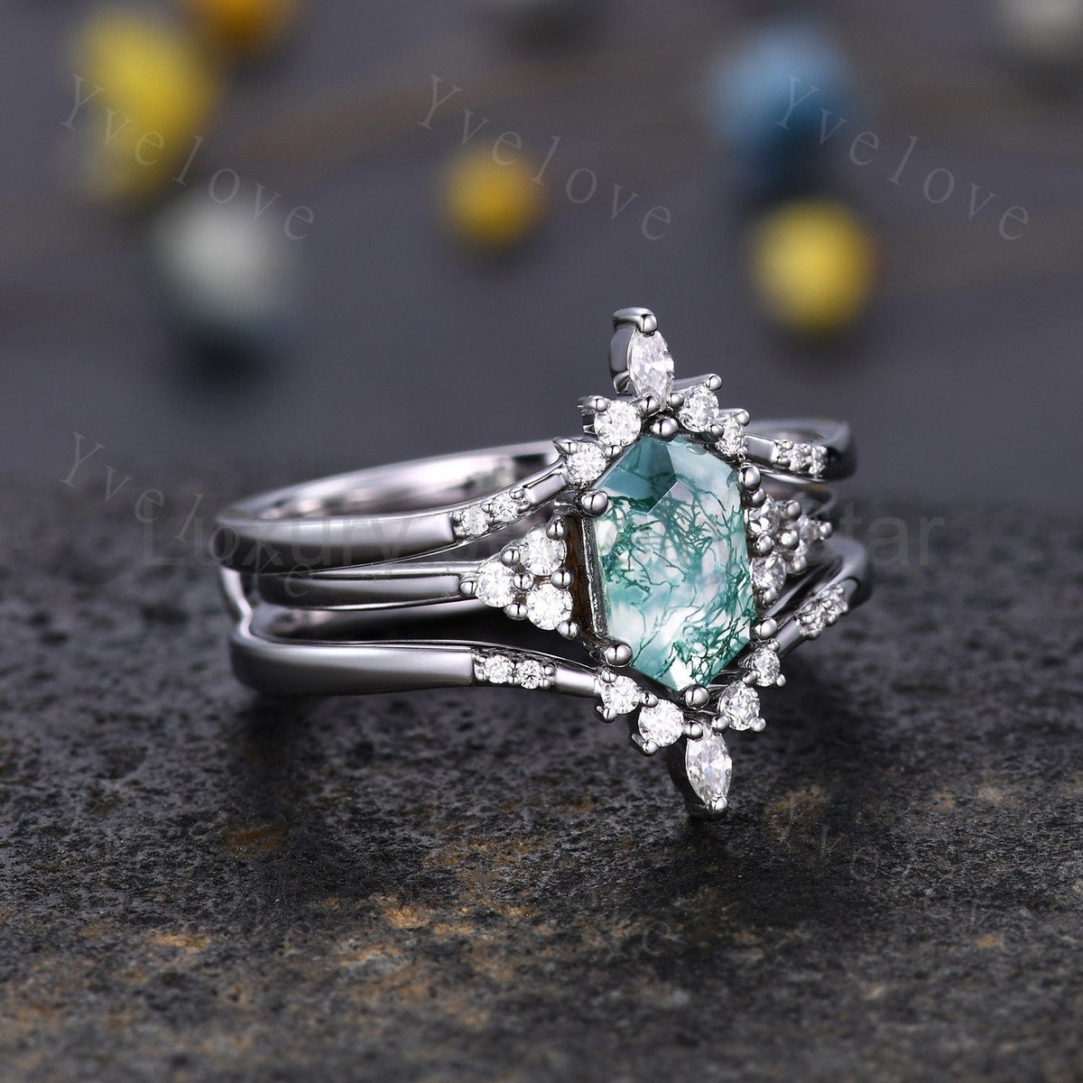 Retro Long hexagon Moss Agate Ring,Vintage Sterling Silver Ring Set,Unique Agate - image 2