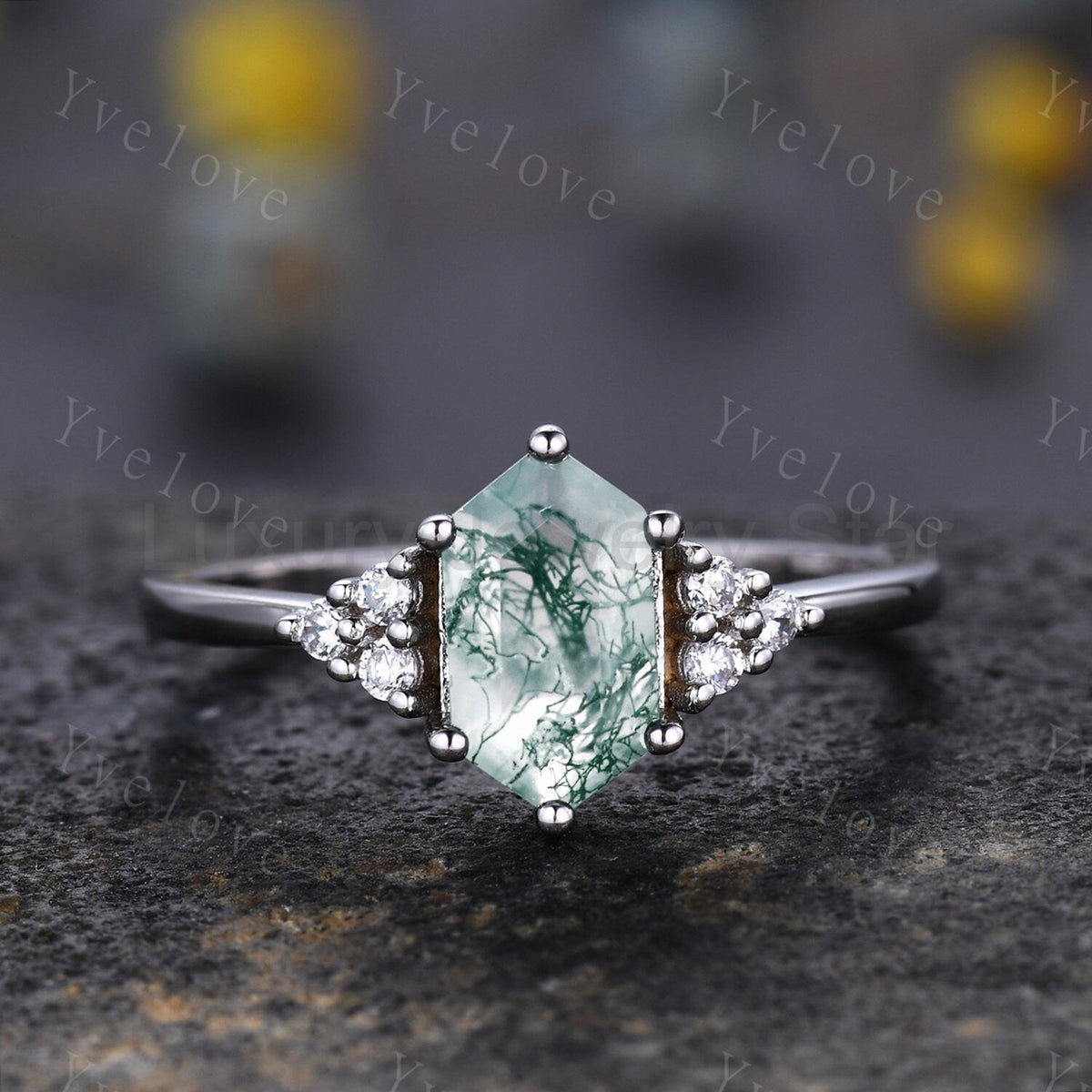 Retro Long hexagon Moss Agate Ring,Vintage Sterling Silver Ring Set,Unique Agate - image 5