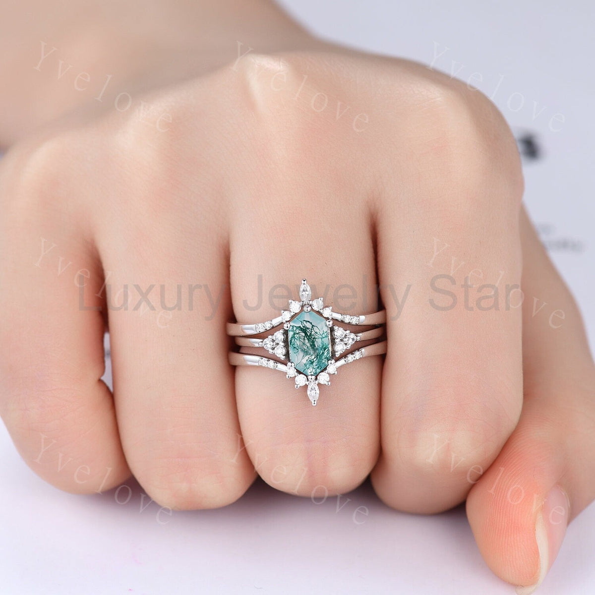 Retro Long hexagon Moss Agate Ring,Vintage Sterling Silver Ring Set,Unique Agate - image 6