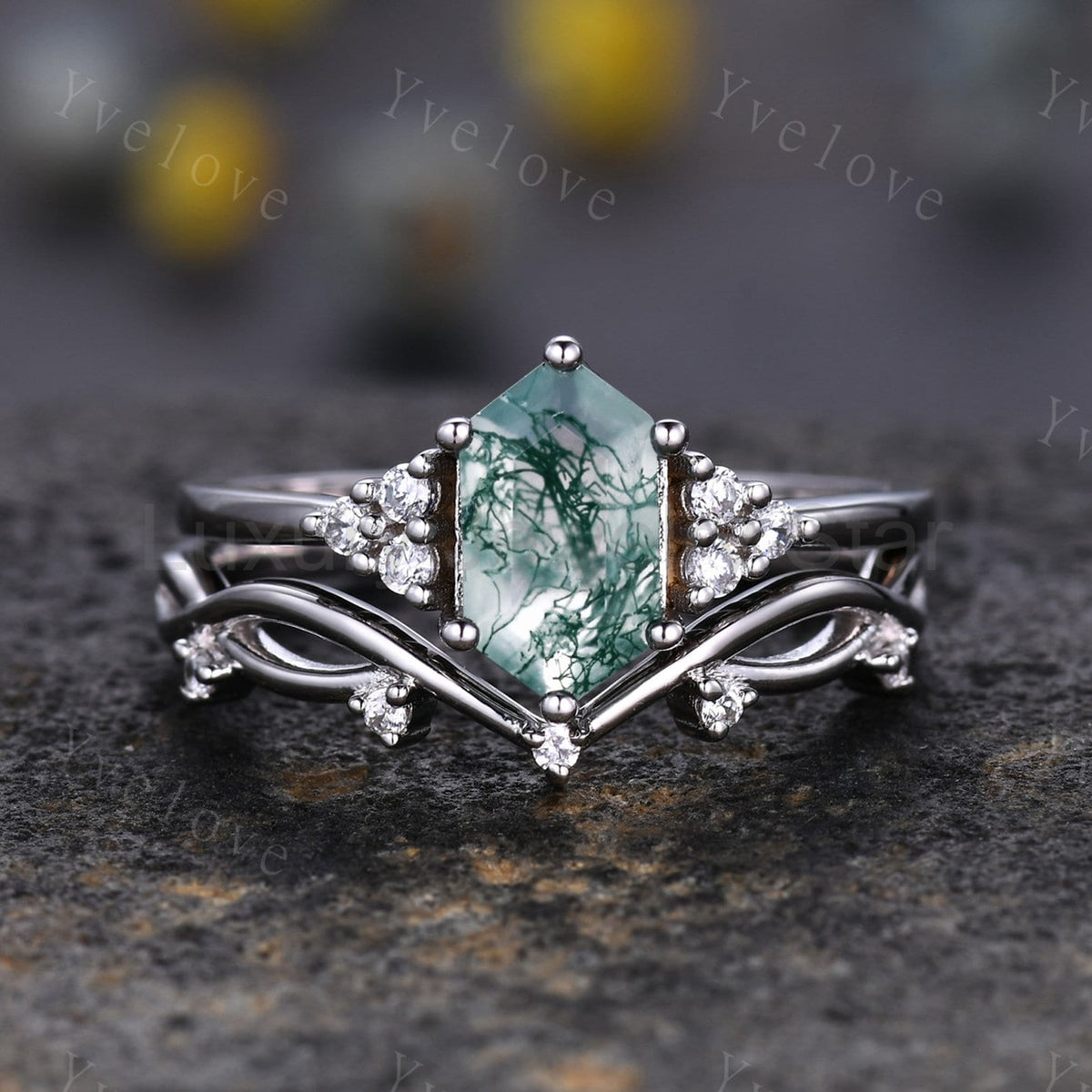 Retro Long hexagon Moss Agate Ring,Vintage Sterling Silver Ring Set,Unique Agate Engagement
