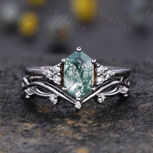 Retro Long hexagon Moss Agate Ring,Vintage Sterling Silver Ring Set,Unique Agate Engagement