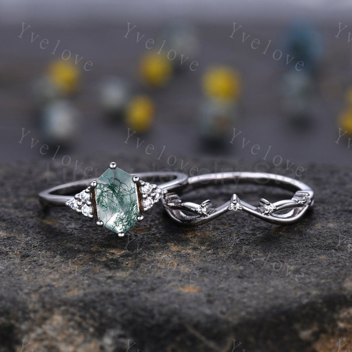 Retro Long hexagon Moss Agate Ring,Vintage Sterling Silver Ring Set,Unique Agate - image 4