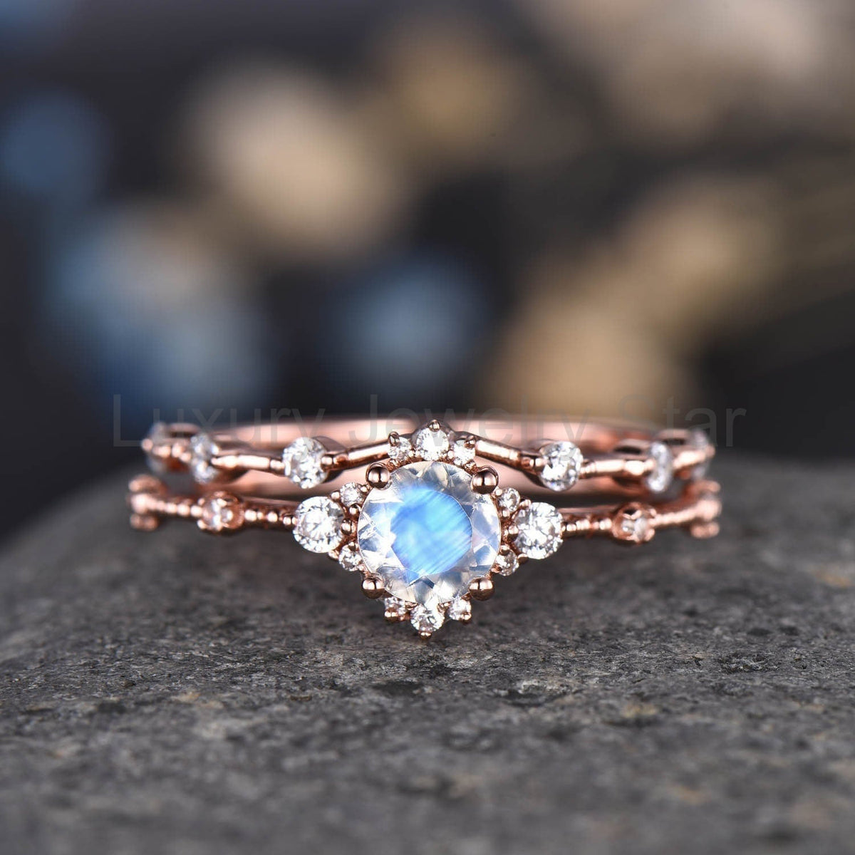 Rose Gold Moissanite Ring Set Moissanite Engagement Ring Women Diamond Moissanite Wedding - image 3