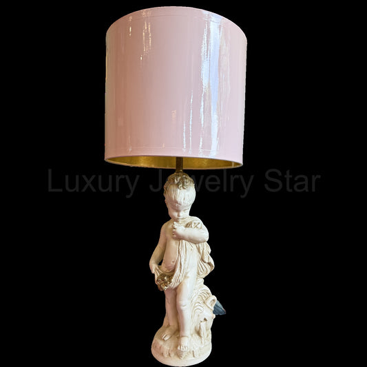 Vintage Cherub Table Lamp with Blush Lacquer Shade