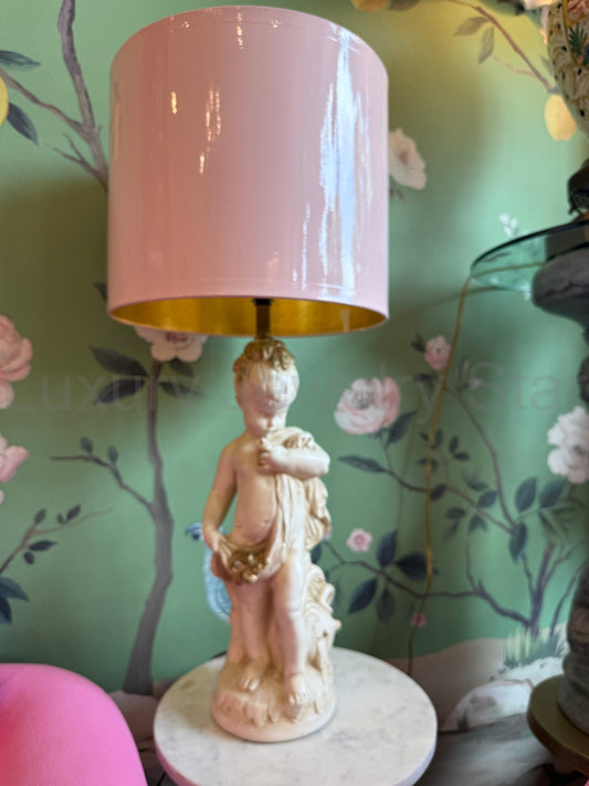 Vintage Cherub Table Lamp with Blush Lacquer Shade - image 2