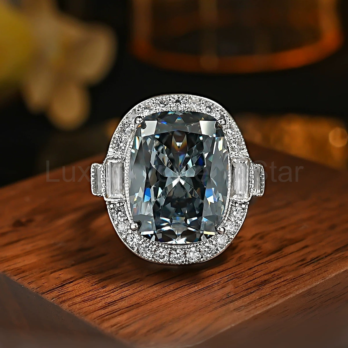 Retro Radiant Cut Colorful Gemstone Engagement Ring with Double Halo & Baguette Accents - image 2