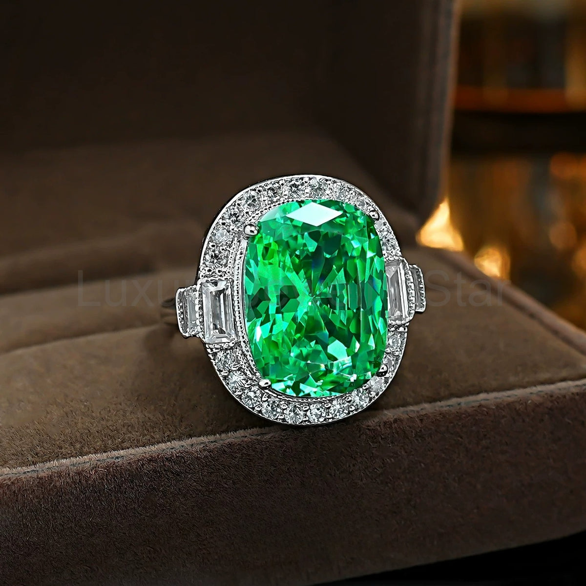 Retro Radiant Cut Colorful Gemstone Engagement Ring with Double Halo & Baguette Accents - image 4