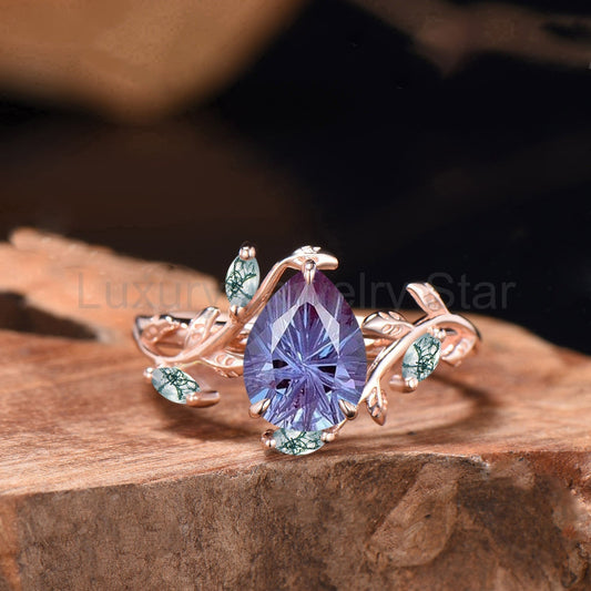 .25CT Pear Shaped Fireworks Cut Alexandrite Engagement Ring , Twig Leaf Ring - image 2
