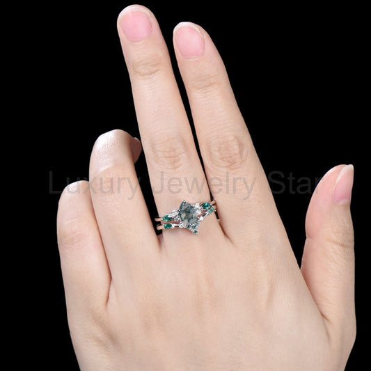 1.25 CT Pear shaped natural moss agate engagement ring rose gold infinity twisted Celtic knot