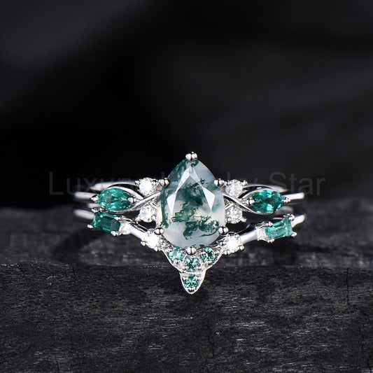 1.25 CT Pear shaped natural moss agate engagement ring rose gold infinity twisted Celtic - image 2