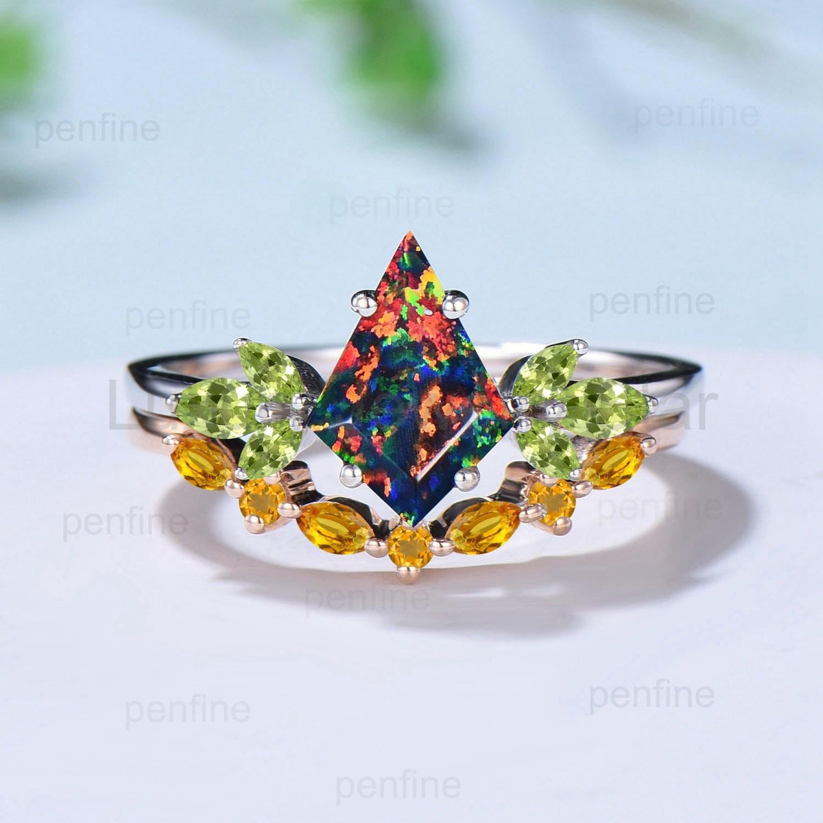 Retro kite cut black fire opal engagement ring set Vintage cluster peridot wedding ring citrine