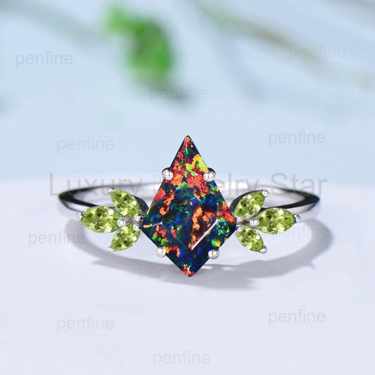 Retro kite cut black fire opal engagement ring set Vintage cluster peridot wedding ring - image 2