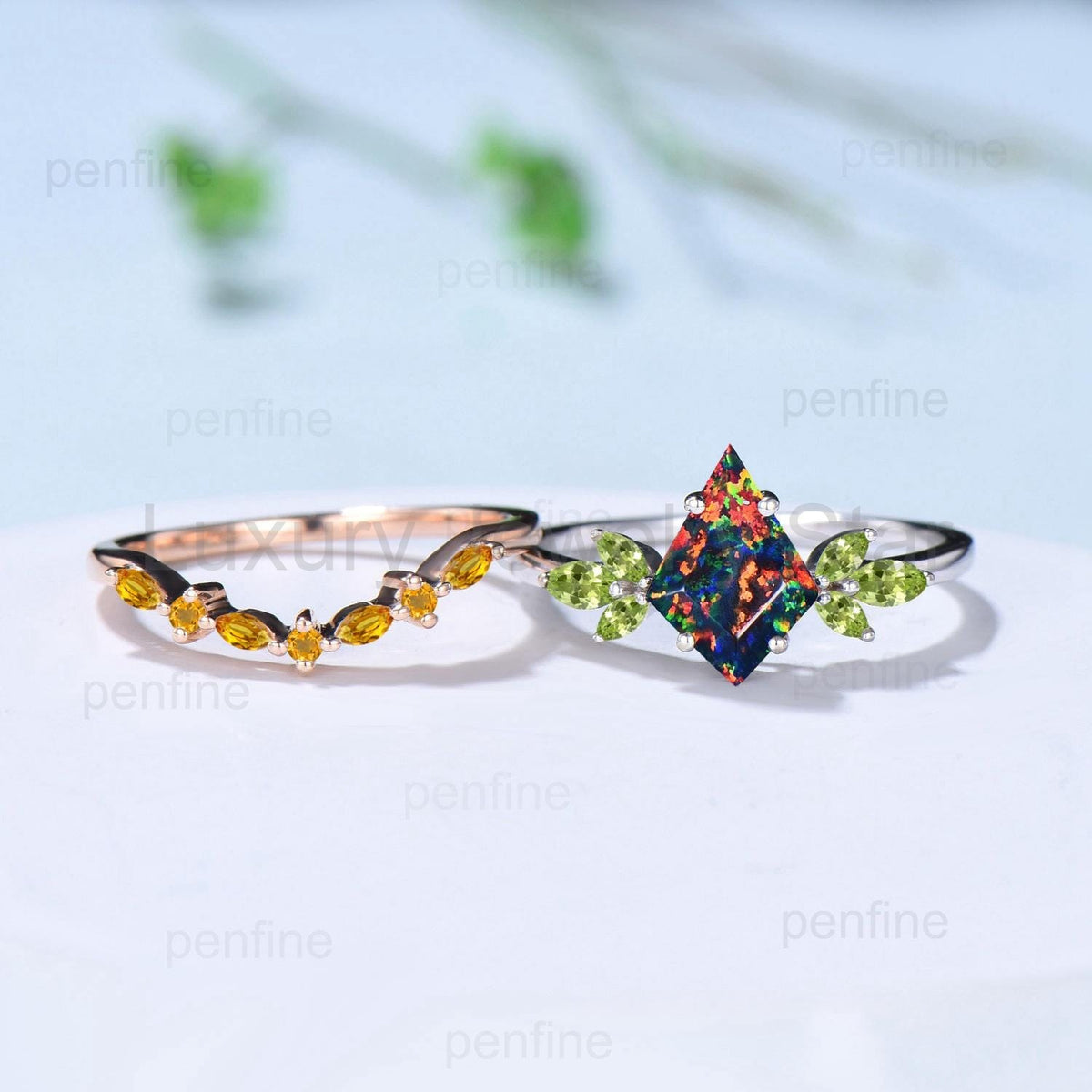 Retro kite cut black fire opal engagement ring set Vintage cluster peridot wedding ring - image 3