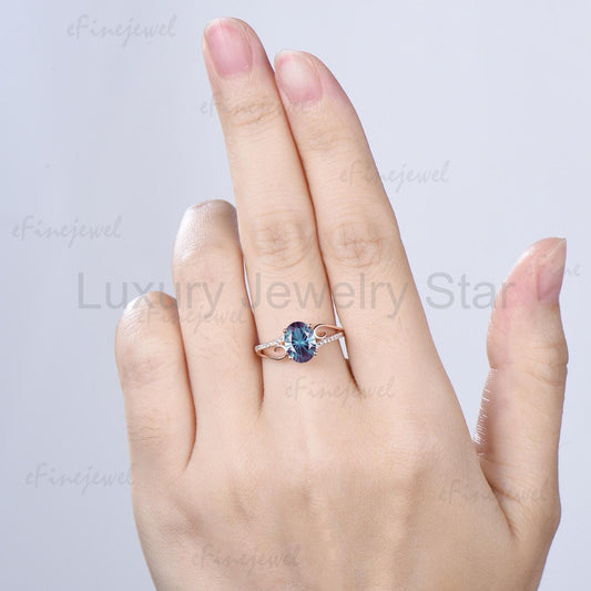 Retro Oval Cut Firework Cut Alexandrite Engagement Ring, 14K Rose Gold Color Change Stone - image 2