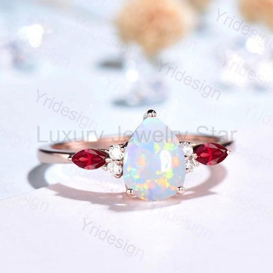 Retro Pear Shaped Opal Ring Rose Gold Fire Opal Ruby Engagement Ring Seven Stone Cluster Promise