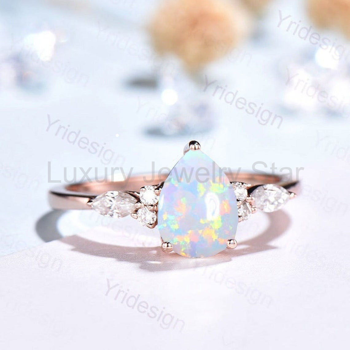 Retro Pear Shaped Opal Ring Rose Gold Fire Opal Ruby Engagement Ring Seven Stone Cluster - image 7