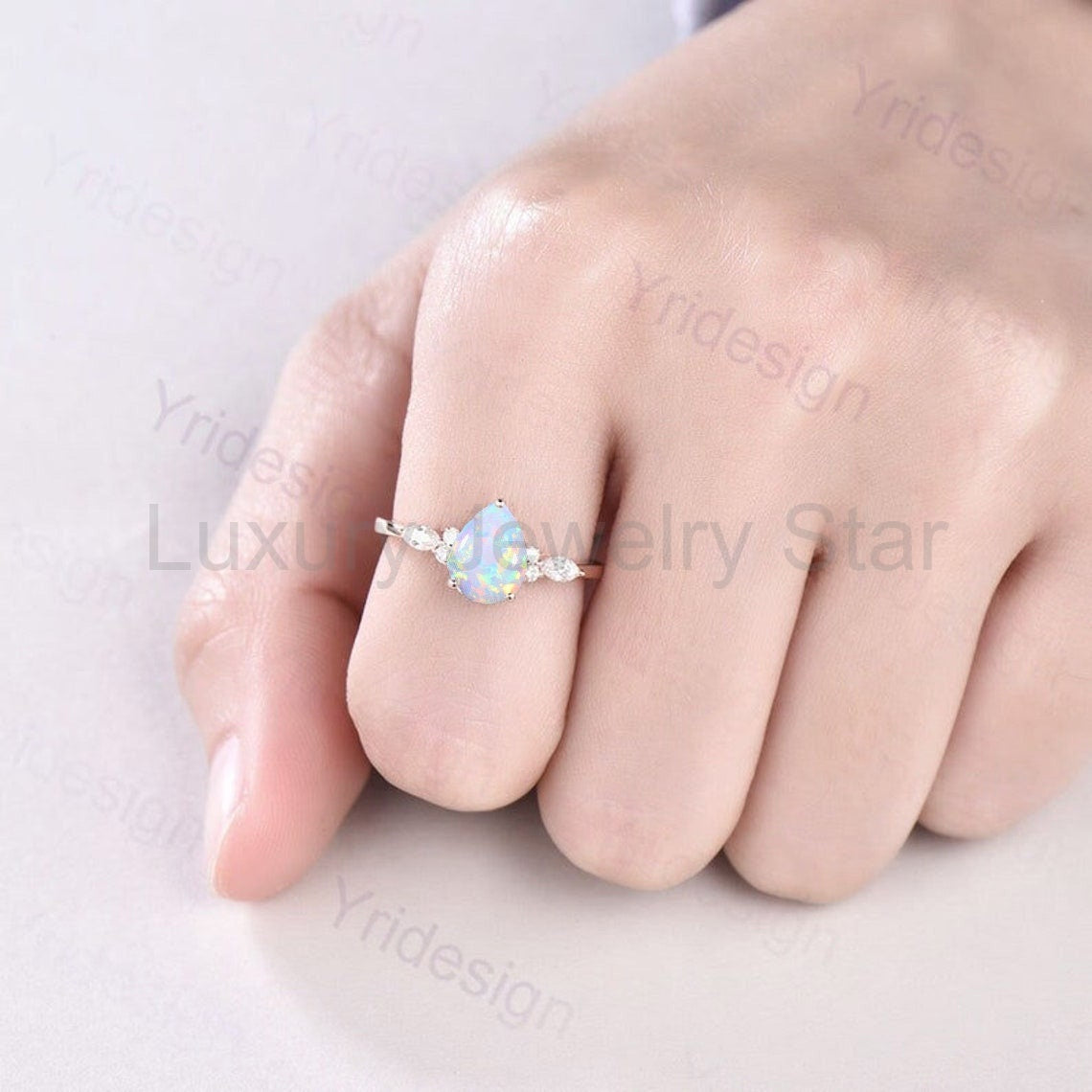 Retro Pear Shaped Opal Ring Rose Gold Fire Opal Ruby Engagement Ring Seven Stone Cluster - image 8
