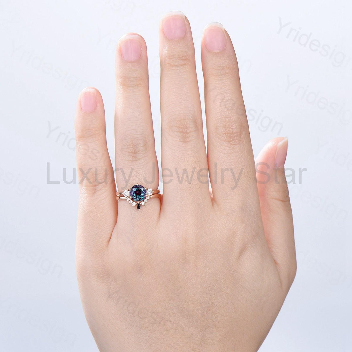 Retro Round Alexandrite Engagement Ring Alexandrite Moissanite Wedding Ring Set Three - image 3