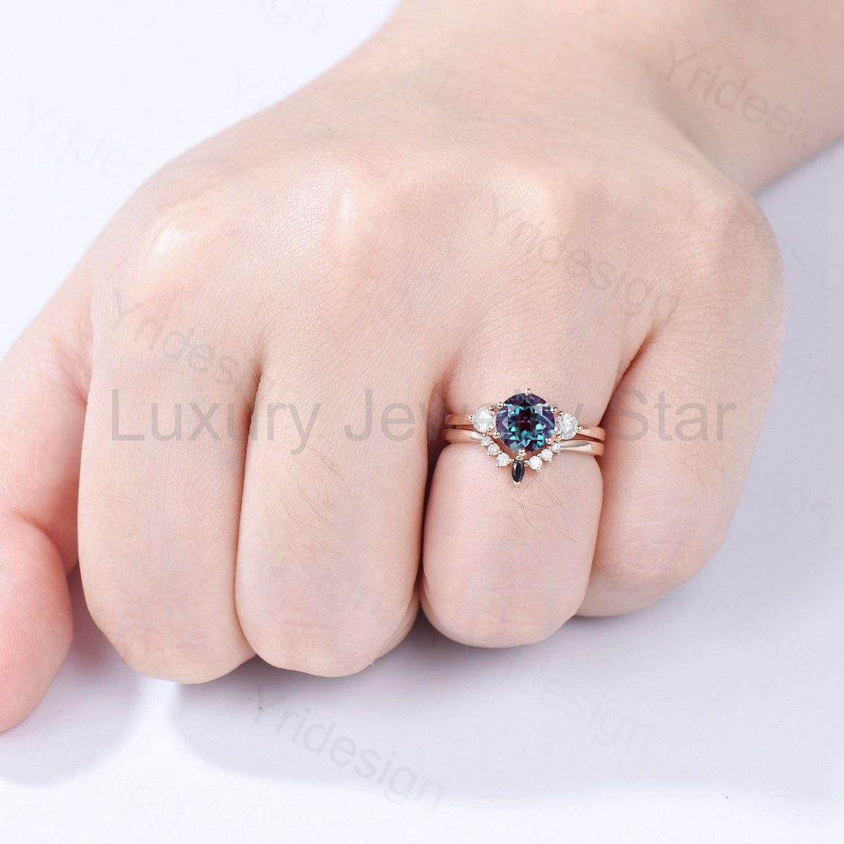 Retro Round Alexandrite Engagement Ring Alexandrite Moissanite Wedding Ring Set Three - image 4