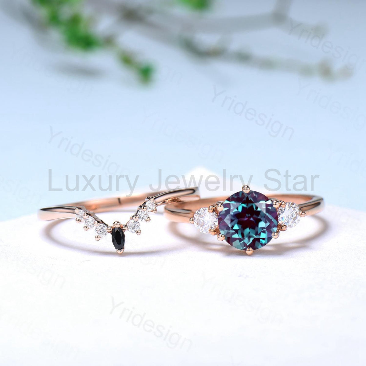 Retro Round Alexandrite Engagement Ring Alexandrite Moissanite Wedding Ring Set Three - image 7