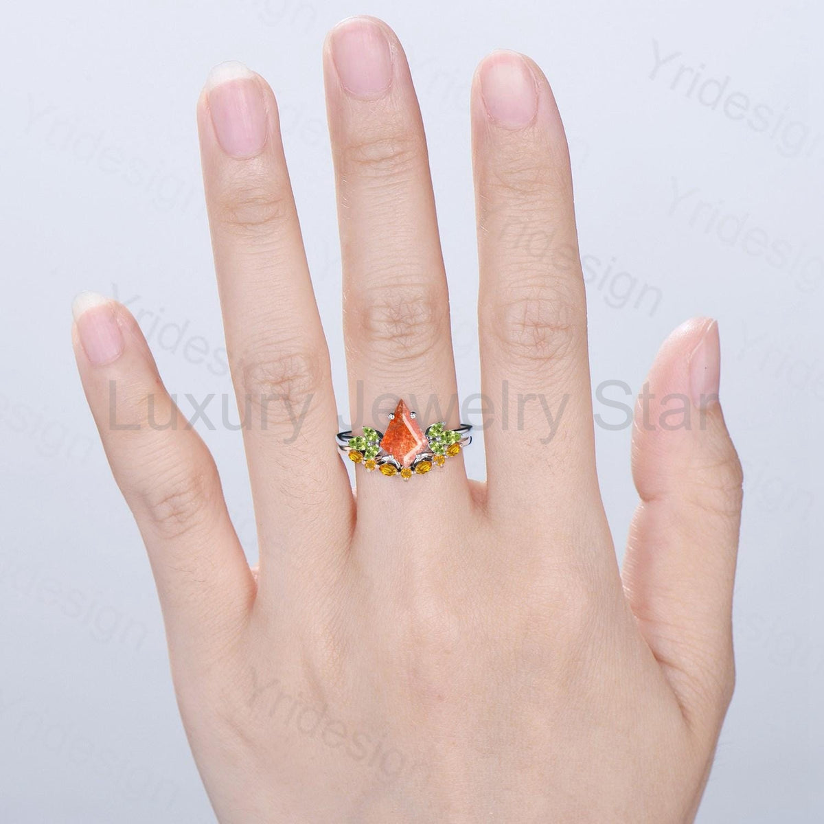Retro sunstone engagement ring set kite cut Vintage cluster peridot wedding ring yellow - image 4