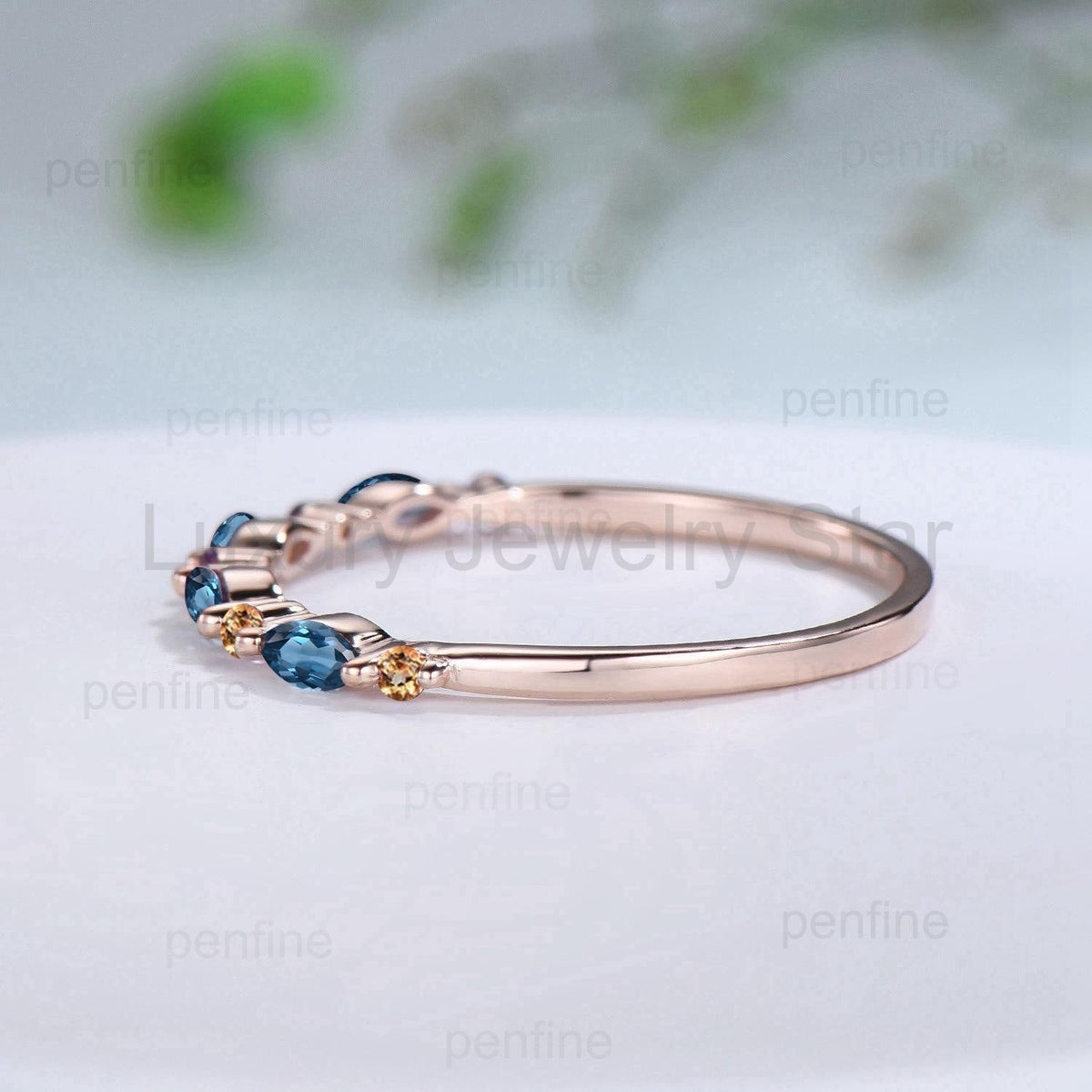 Rose Gold London Blue Topaz & Citrine Stacking Ring, Dainty Marquise Gemstone Eternity - image 4