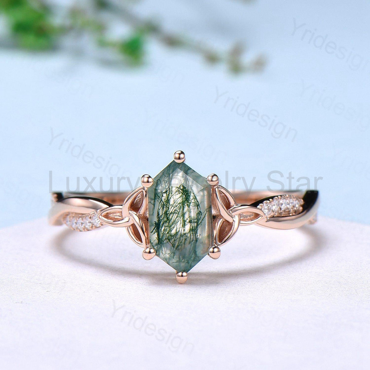Rose Gold Norse Viking long hexagon moss agate engagement ring 3/4 eternity twisted infinity