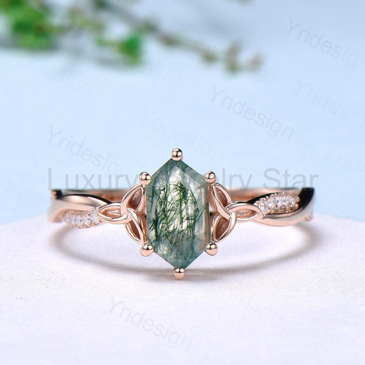 Rose Gold Norse Viking long hexagon moss agate engagement ring 3/4 eternity twisted infinity