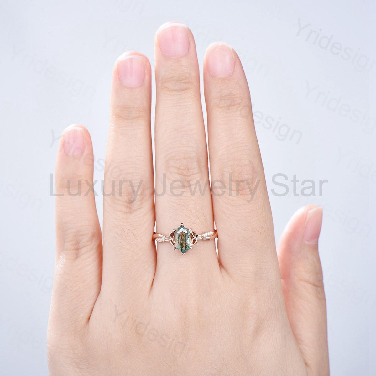Rose Gold Norse Viking long hexagon moss agate engagement ring 3/4 eternity twisted - image 4