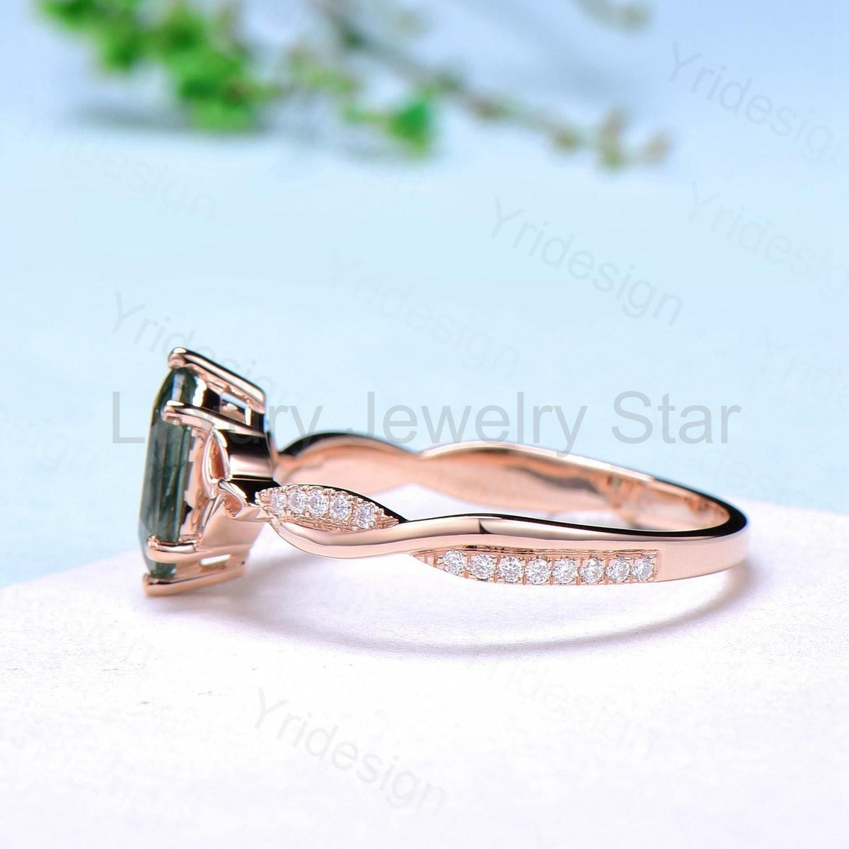 Rose Gold Norse Viking long hexagon moss agate engagement ring 3/4 eternity twisted - image 5