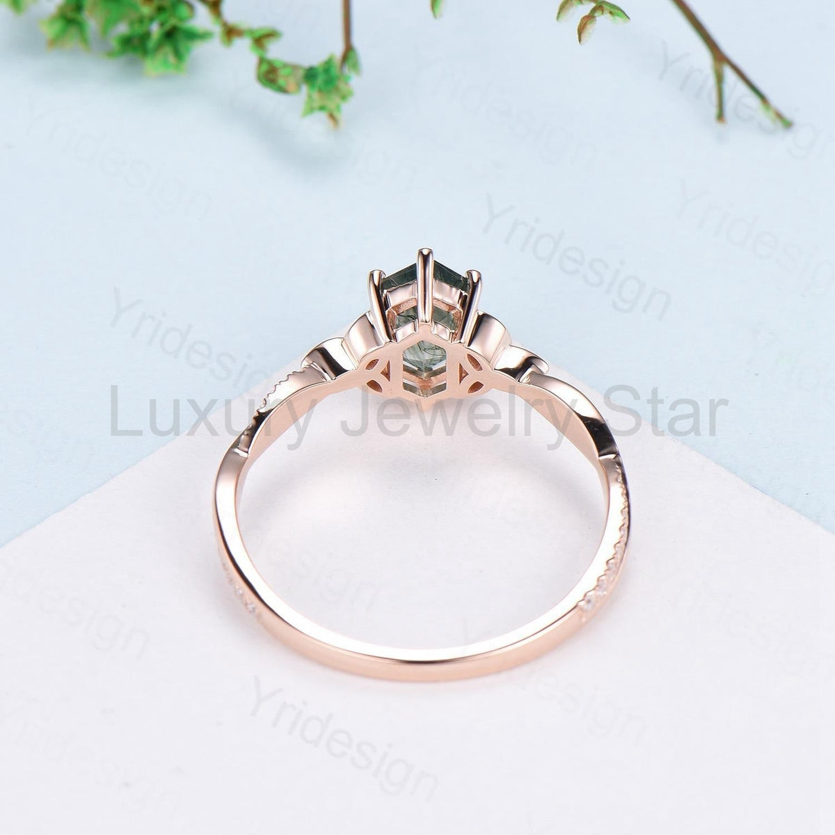 Rose Gold Norse Viking long hexagon moss agate engagement ring 3/4 eternity twisted - image 6