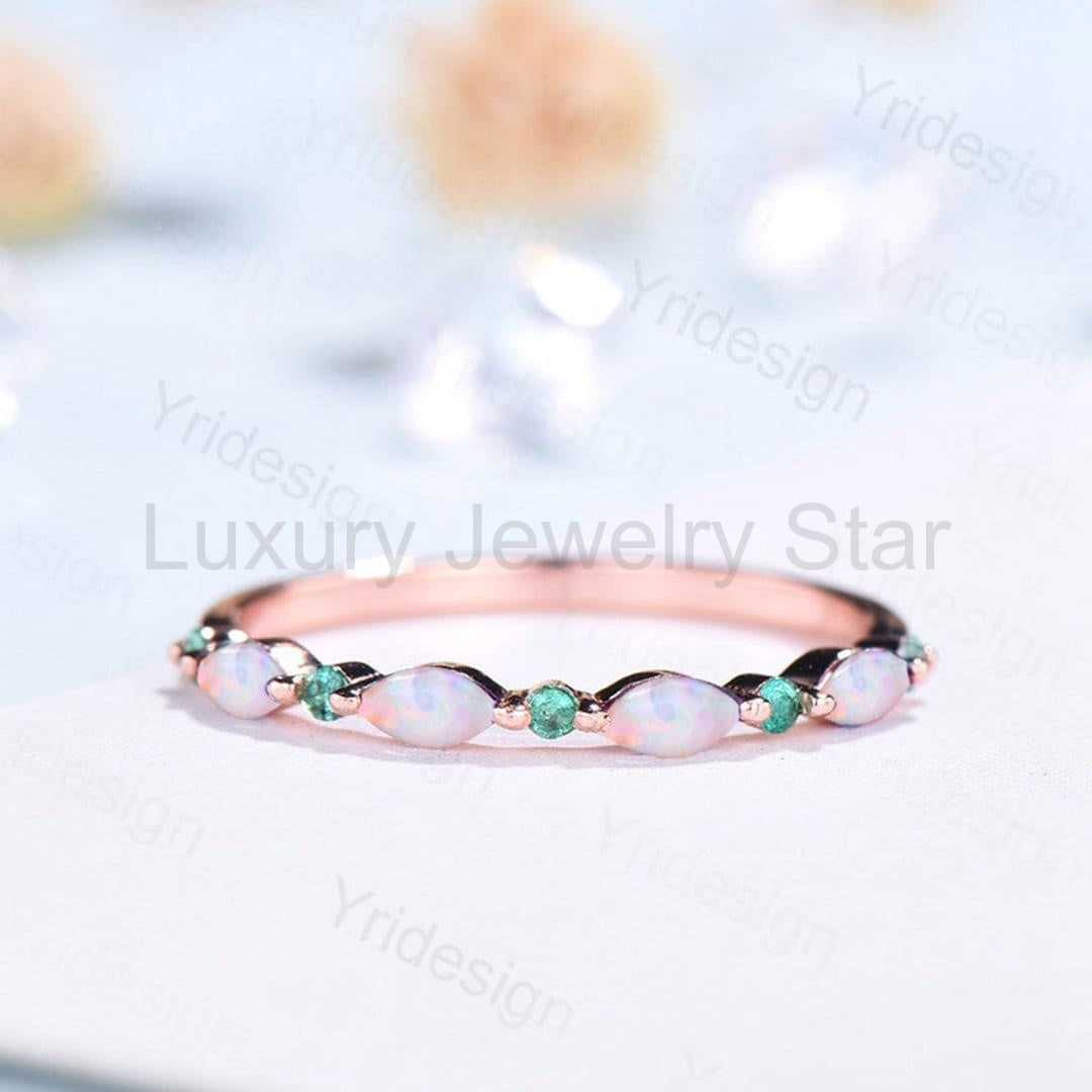 Rose Gold Opal Wedding Band, Emerald Art Deco Stacking Ring