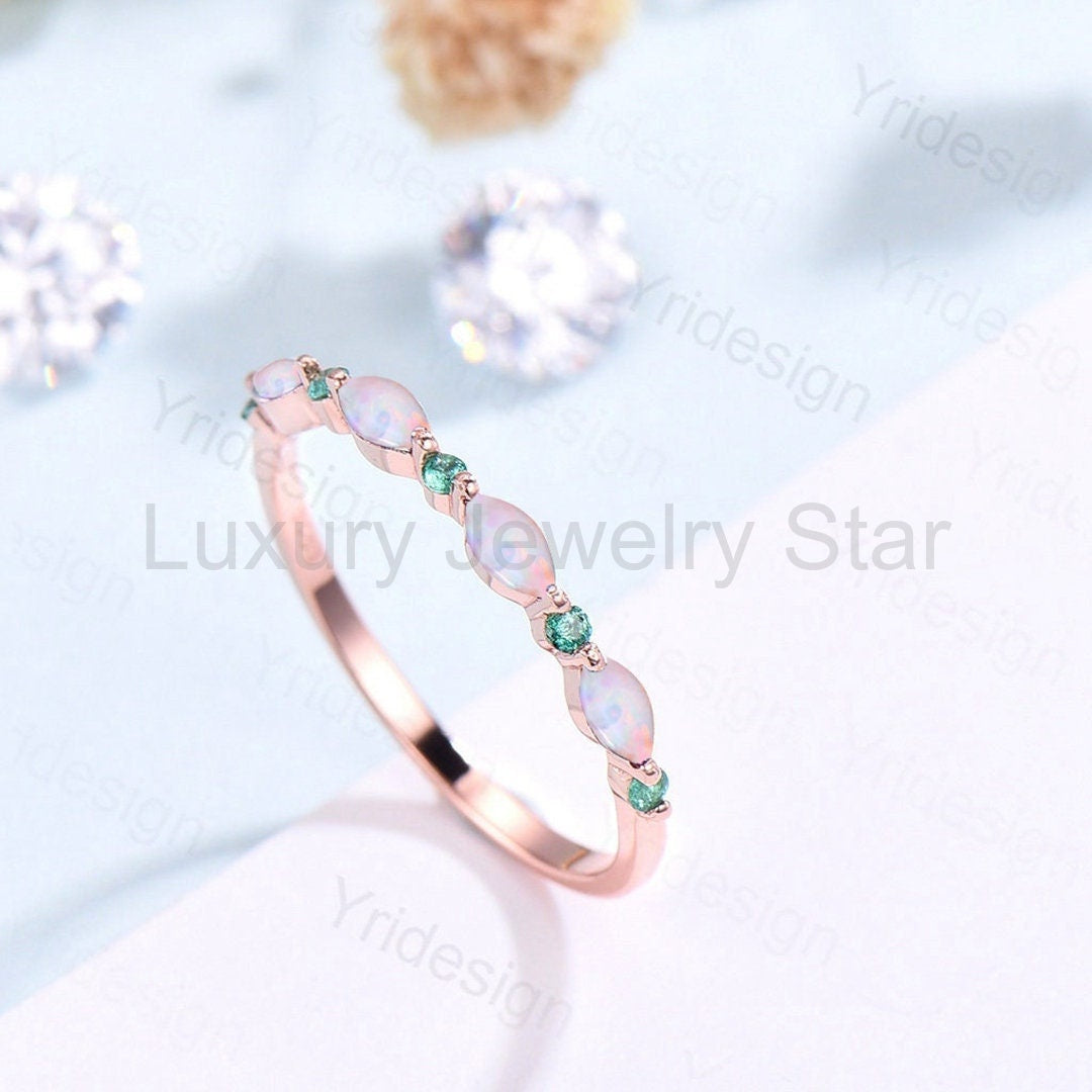 Rose Gold Opal Wedding Band, Emerald Art Deco Stacking Ring - image 2