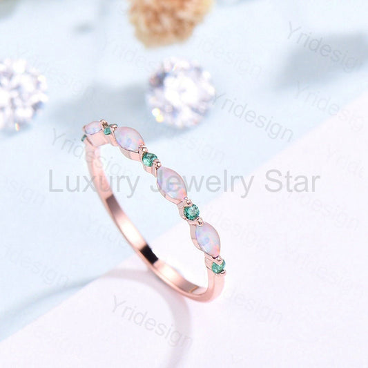 Rose Gold Opal Wedding Band, Emerald Art Deco Stacking Ring - image 2