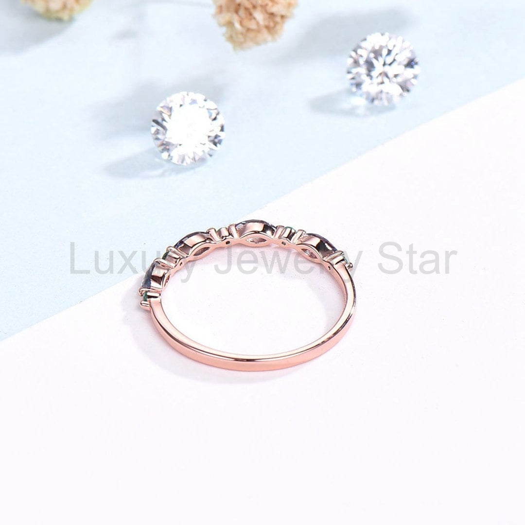 Rose Gold Opal Wedding Band, Emerald Art Deco Stacking Ring - image 5