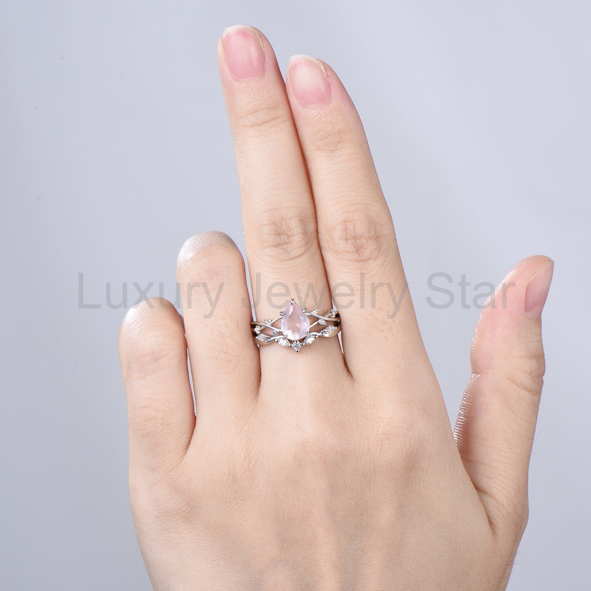 Rose Quartz Engagement Ring Set: Vintage Leaf Twig Bridal Set - image 2