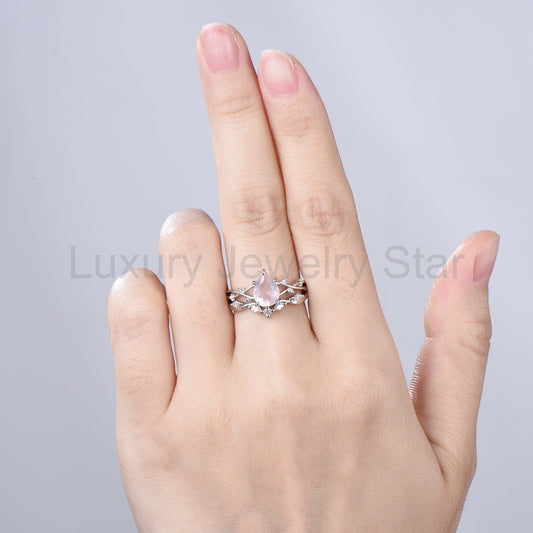 Rose Quartz Engagement Ring Set: Vintage Leaf Twig Bridal Set - image 2