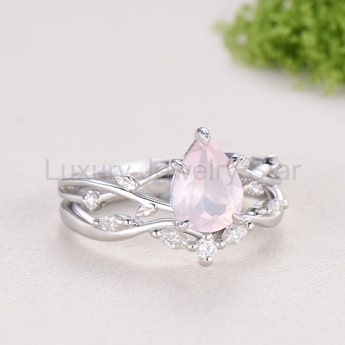Rose Quartz Engagement Ring Set: Vintage Leaf Twig Bridal Set - image 3