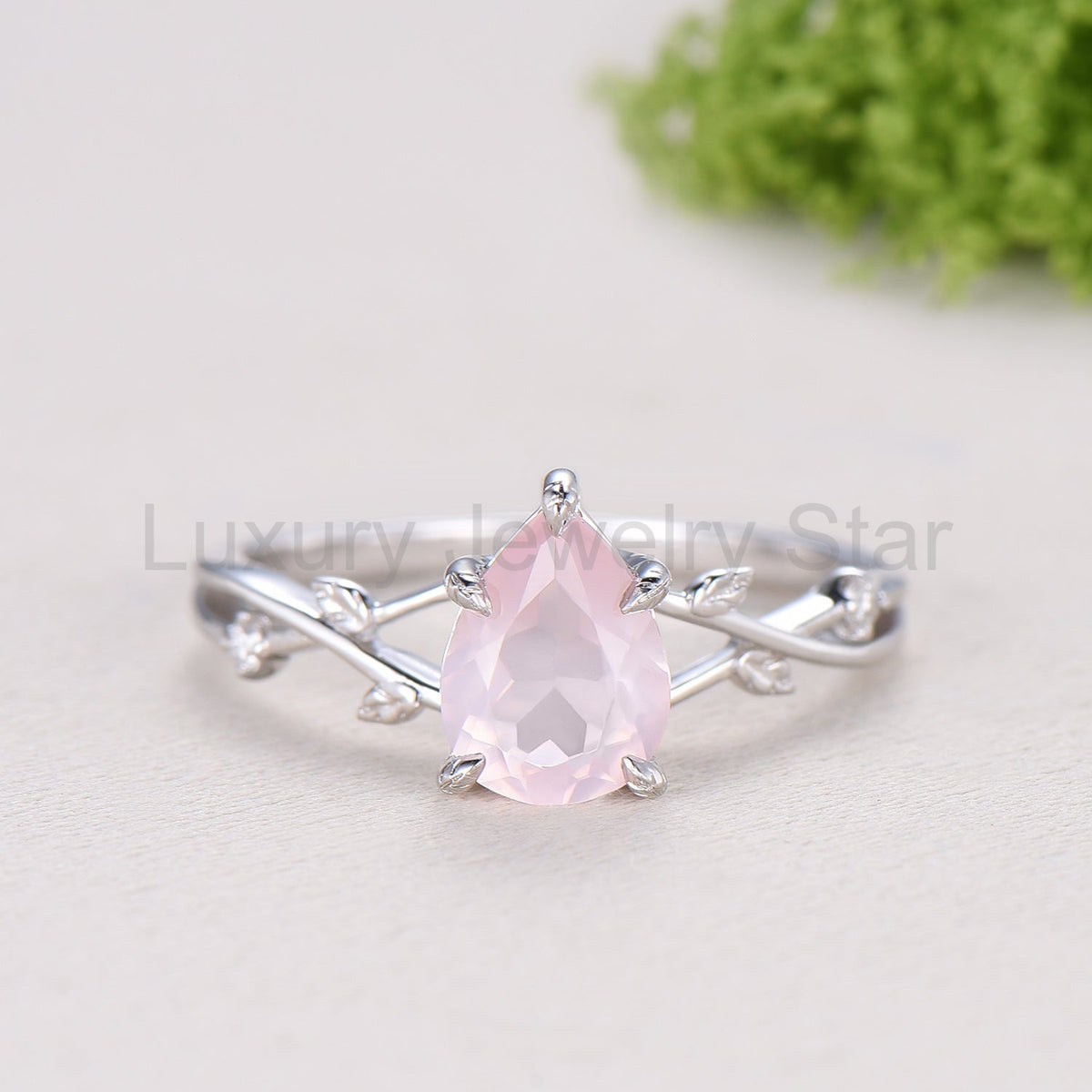Rose Quartz Engagement Ring Set: Vintage Leaf Twig Bridal Set - image 4