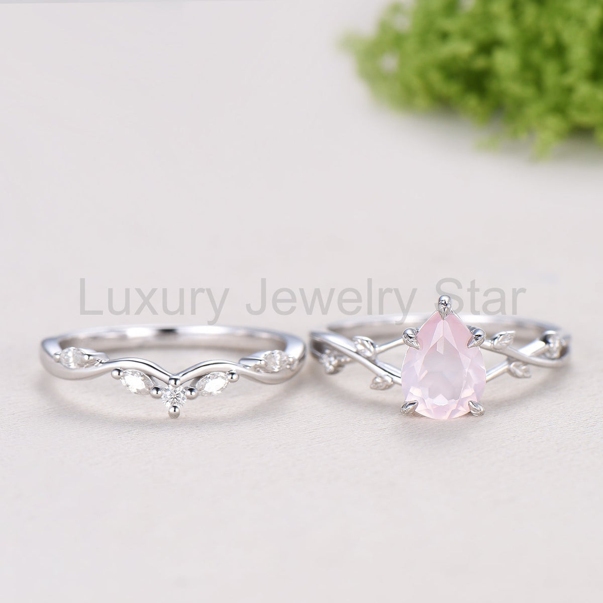 Rose Quartz Engagement Ring Set: Vintage Leaf Twig Bridal Set - image 5
