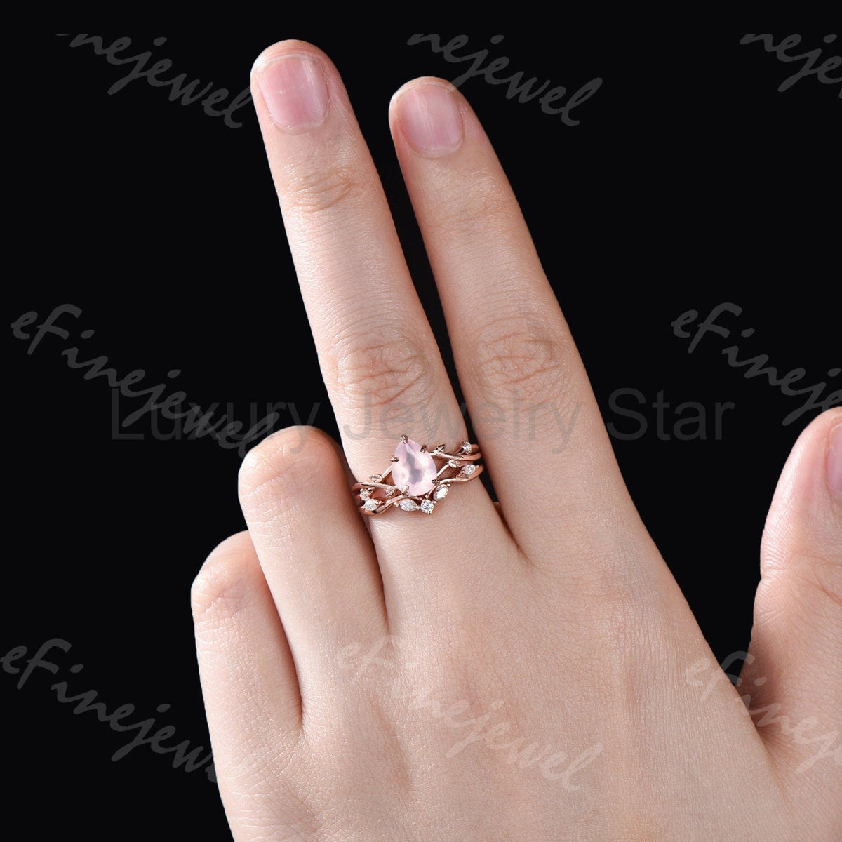 Rose Quartz Engagement Ring Set: Vintage Leaf Twig Bridal Set - image 6