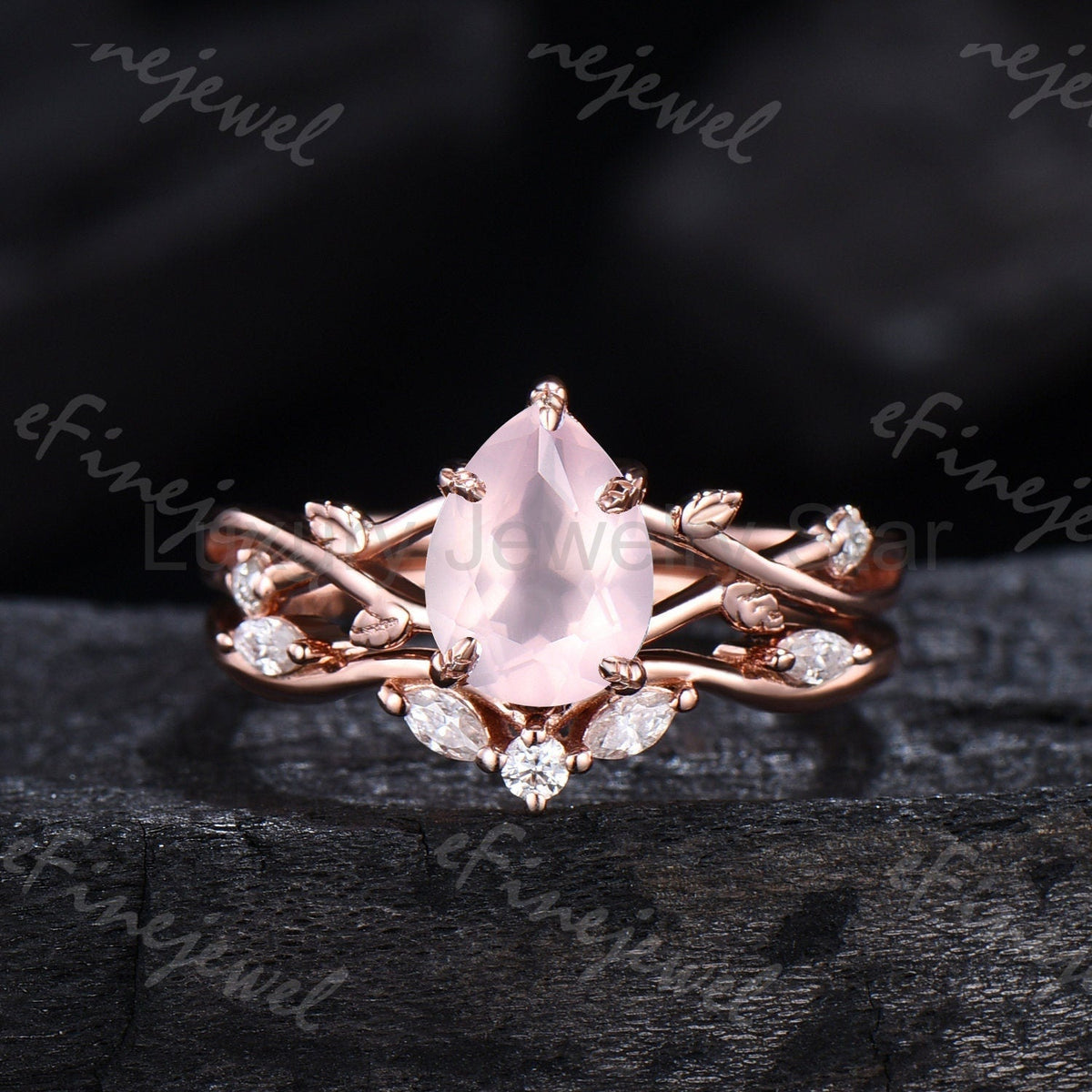 Rose Quartz Engagement Ring Set: Vintage Leaf Twig Bridal Set - image 7