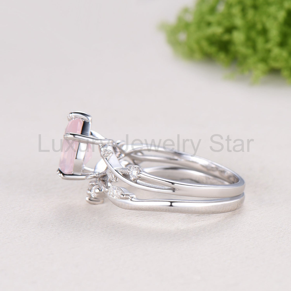 Rose Quartz Engagement Ring Set: Vintage Leaf Twig Bridal Set - image 9