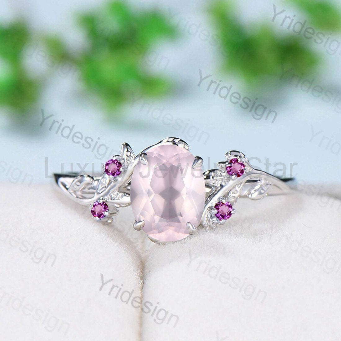 Rose Quartz Ring, Silver Twig Band, Pink Tourmaline Accent, Handmade Jewelry