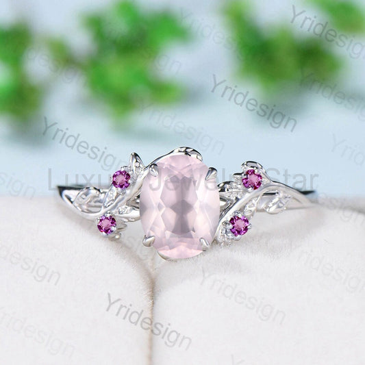 Rose Quartz Ring, Silver Twig Band, Pink Tourmaline Accent, Handmade Jewelry
