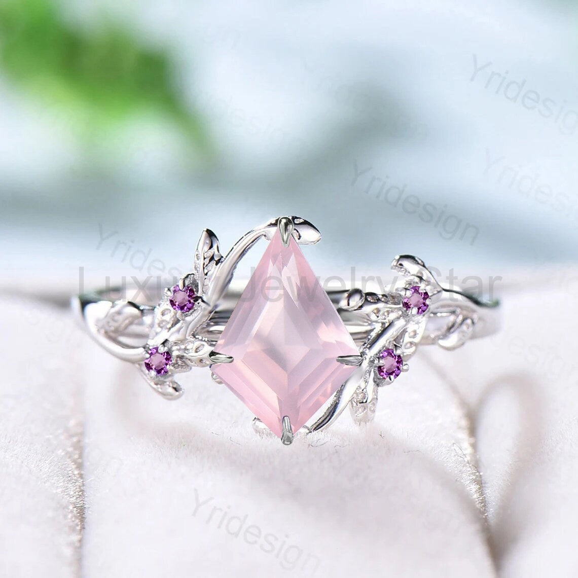 Rose Quartz Ring, Silver Twig Band, Pink Tourmaline Accent, Handmade Jewelry - image 8