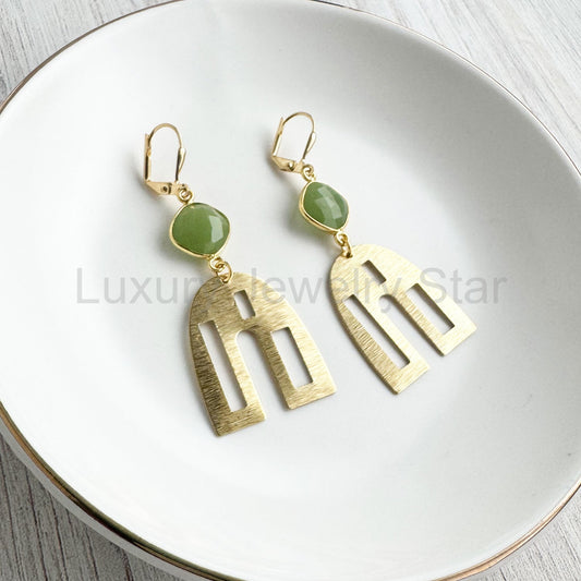 Raw Brass Arch and Green Chalcedony Dangle Earrings