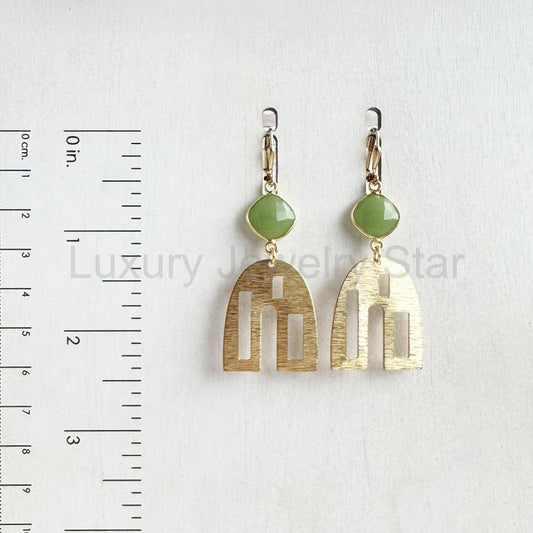 Raw Brass Arch and Green Chalcedony Dangle Earrings - image 2