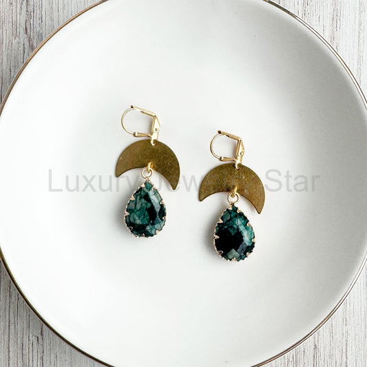 Raw Brass Crescent and Apatite Teardrop Earrings