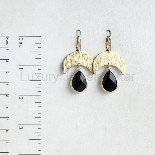 Raw Brass Crescent and Black Teardrop Earrings - image 2